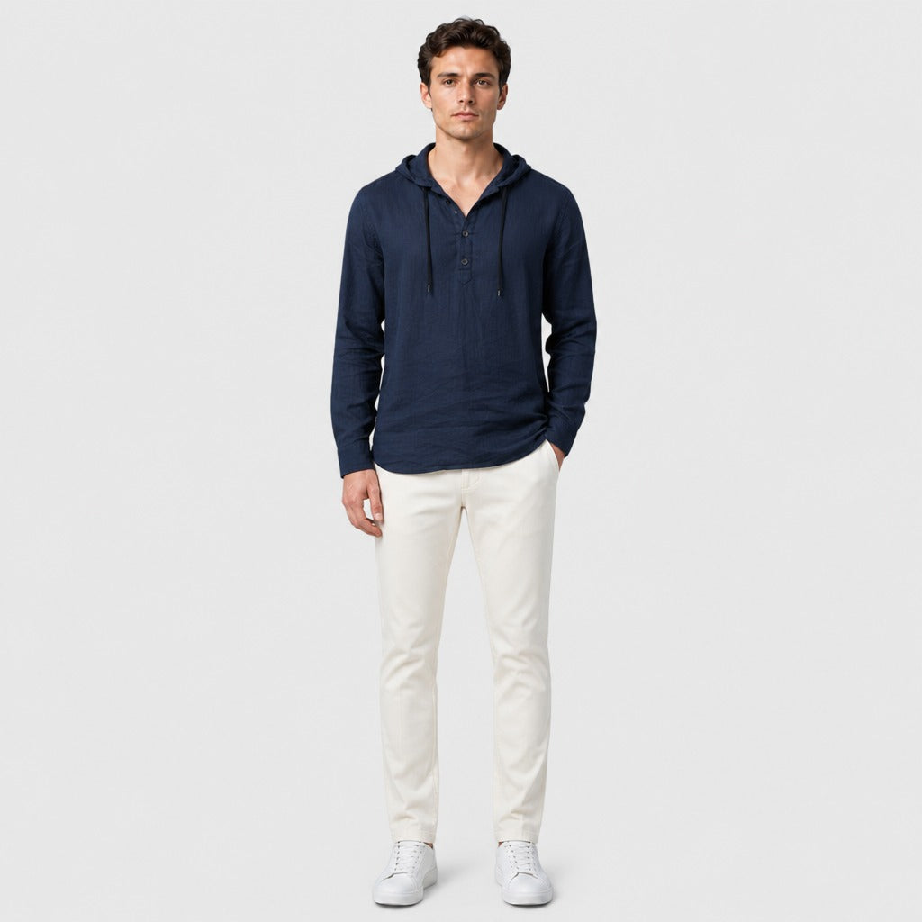 Men’s Hooded Long Sleeve Henley Top Navy Blue full length