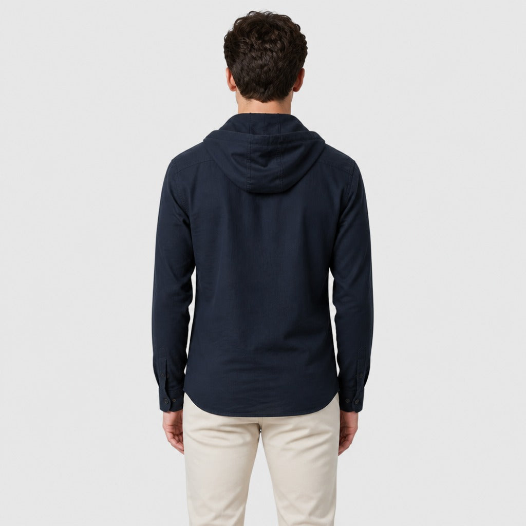 Men’s Hooded Long Sleeve Henley Top Navy Blue back