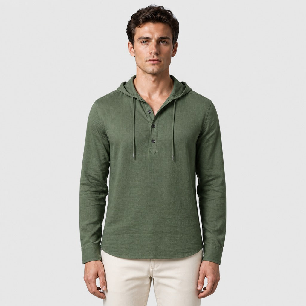 Men’s Hooded Long Sleeve Henley Top Green