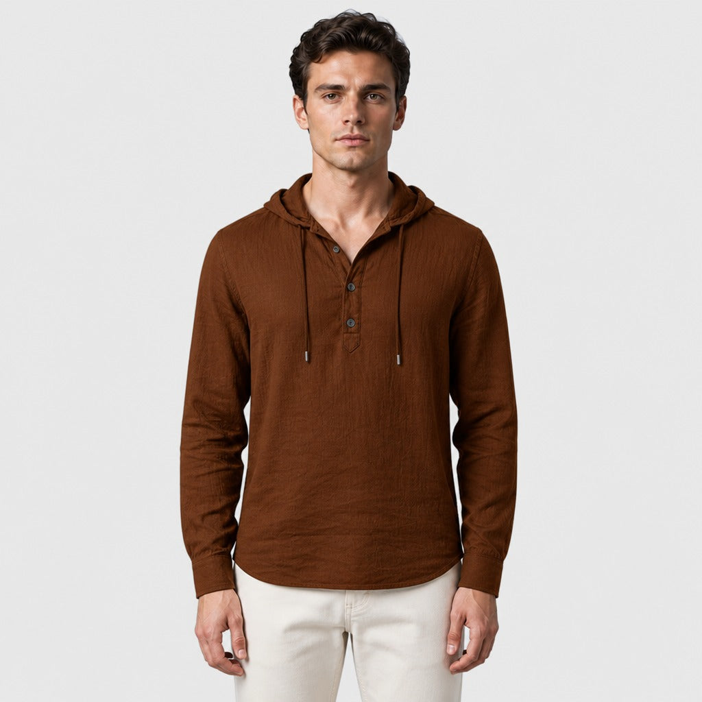 Men’s Hooded Long Sleeve Henley Top Brown