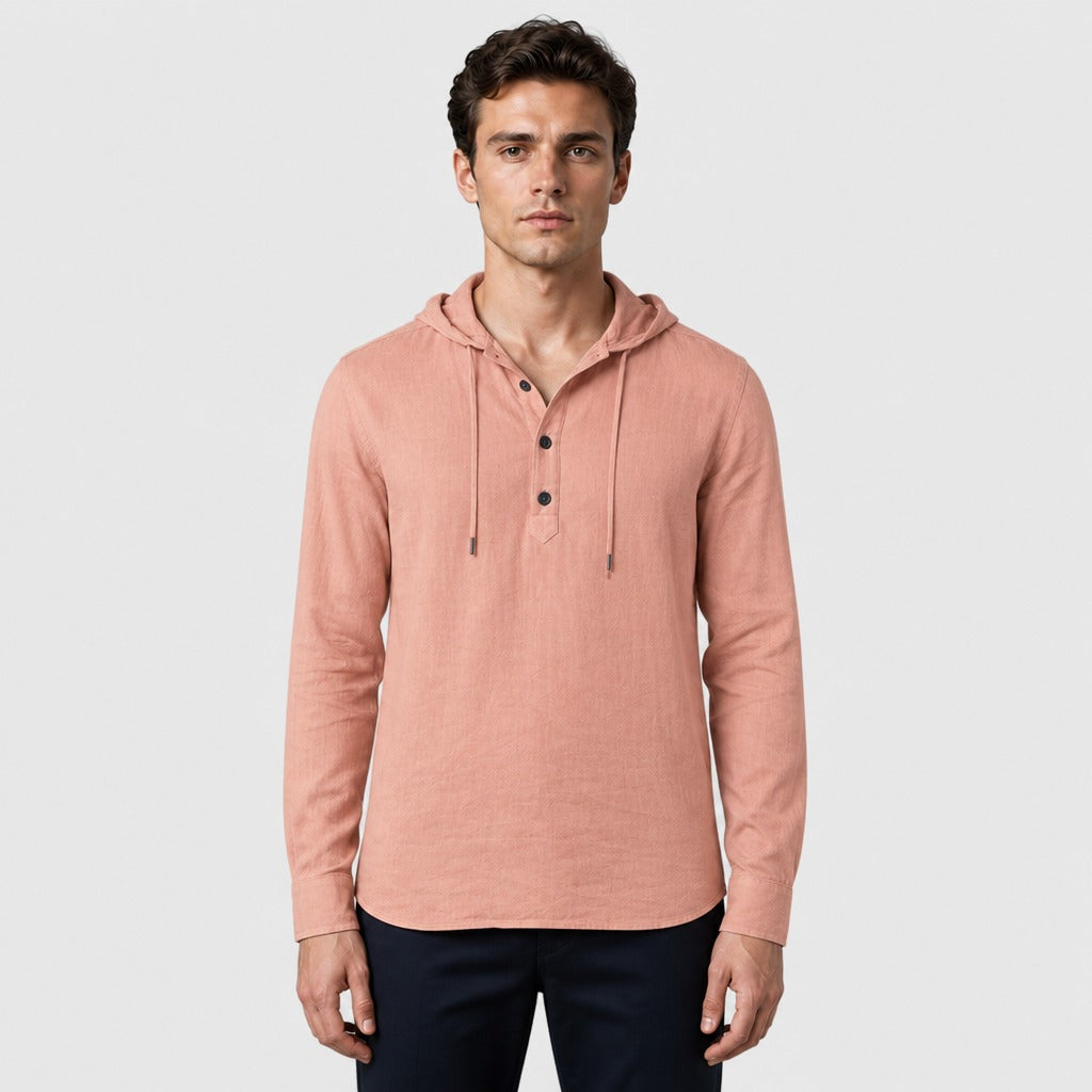 Men’s Hooded Long Sleeve Henley Top Pink