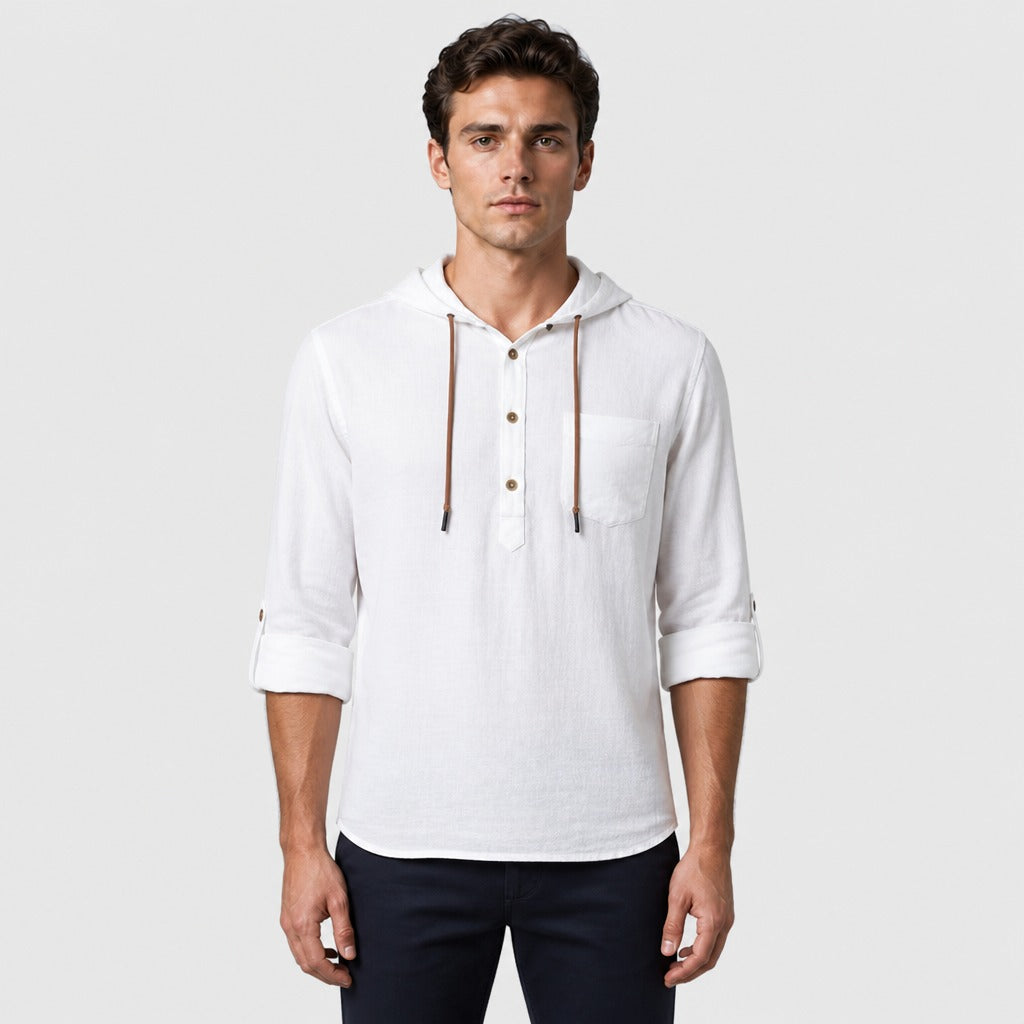 Men’s Hooded Long Sleeve Henley Top White