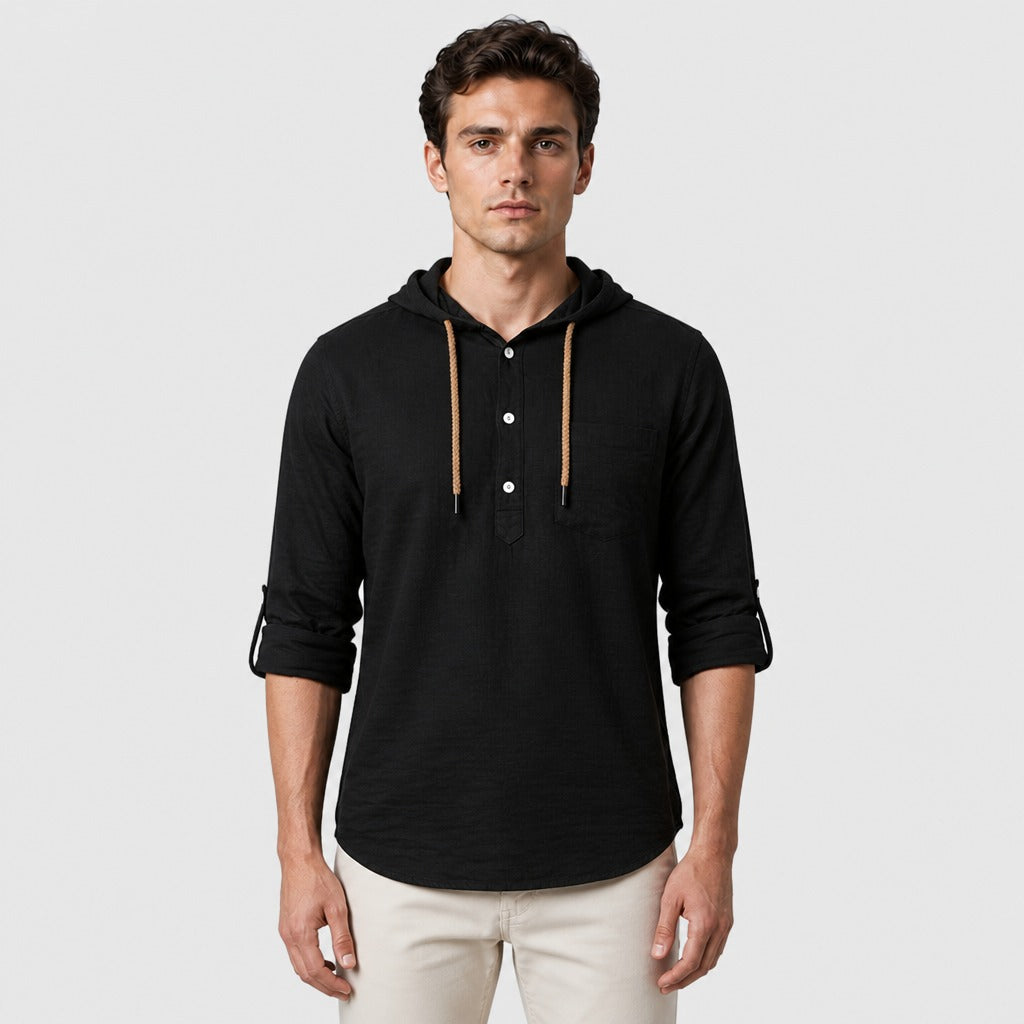 Men’s Hooded Long Sleeve Henley Top Black