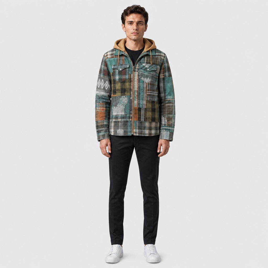 Men’s Hooded Plaid Flannel Jacket Mint Green full length