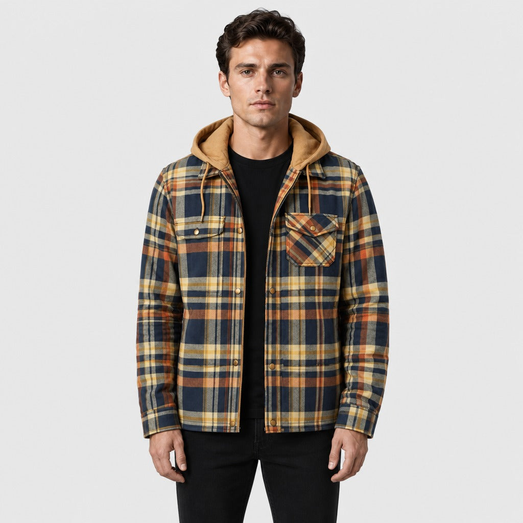 Men’s Hooded Plaid Flannel Jacket Blue/Orange