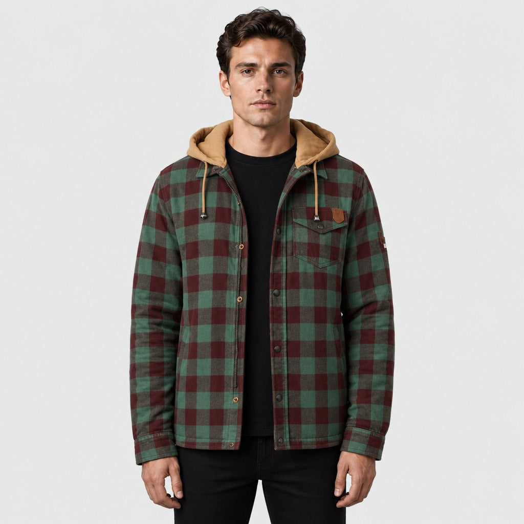 Men’s Hooded Plaid Flannel Jacket Dark Green