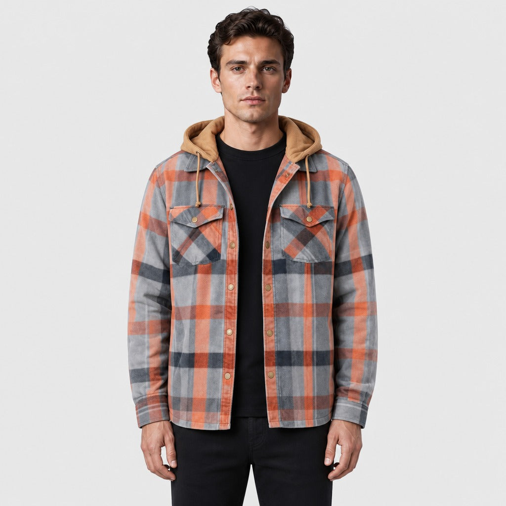Men’s Hooded Plaid Flannel Jacket Grey