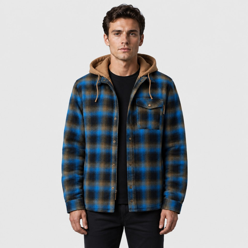Men’s Hooded Plaid Flannel Jacket Blue