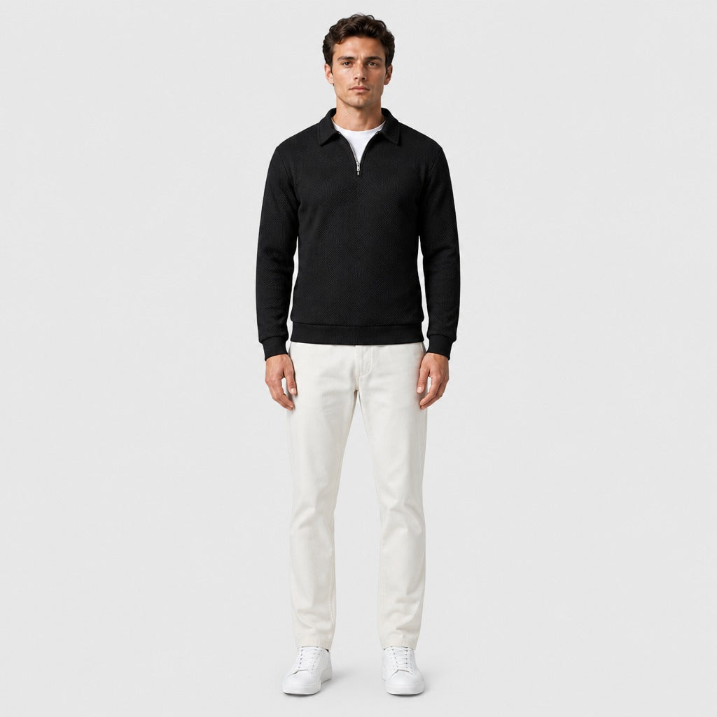 Men’s Jacquard Knit Collared Jumper Black full length