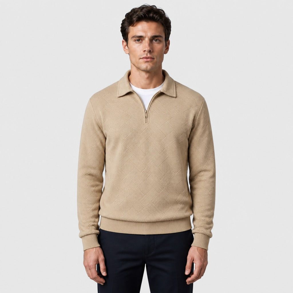 Men’s Jacquard Knit Collared Jumper Khaki