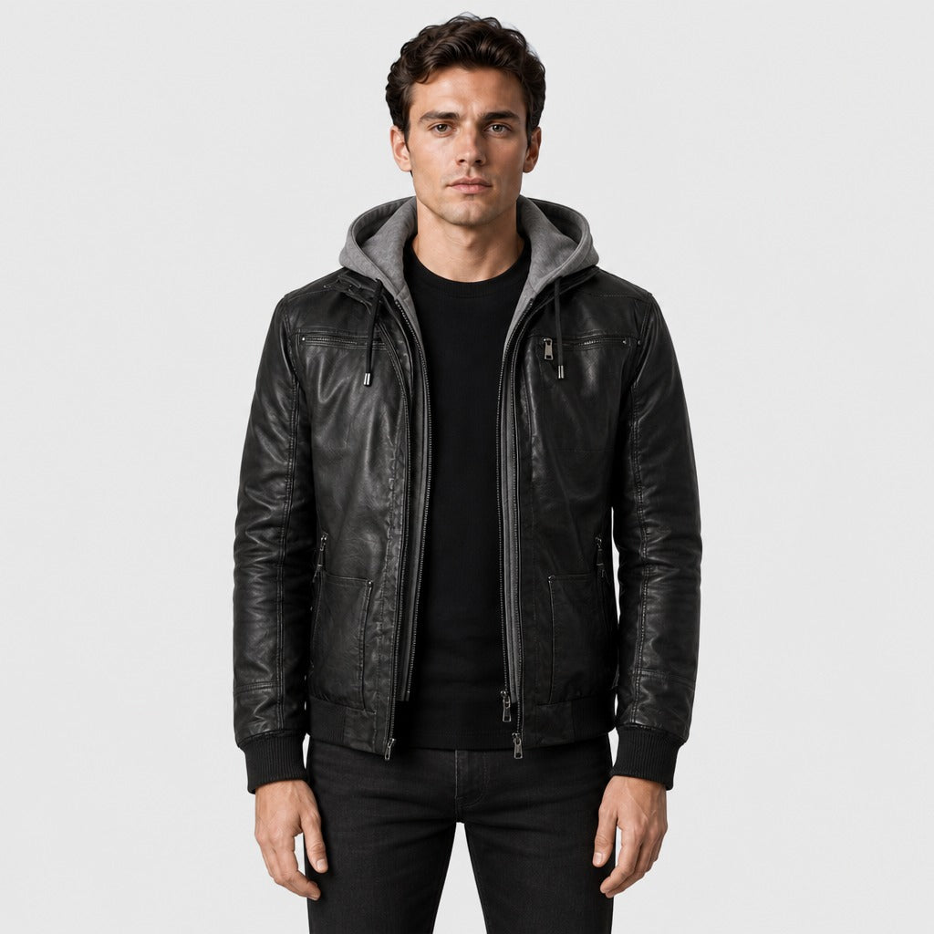Men’s Leather and Suede Jacket with Detachable Hood front