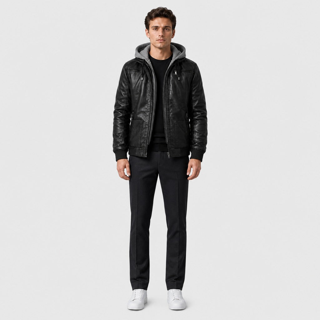 Men’s Leather and Suede Jacket with Detachable Hood full length