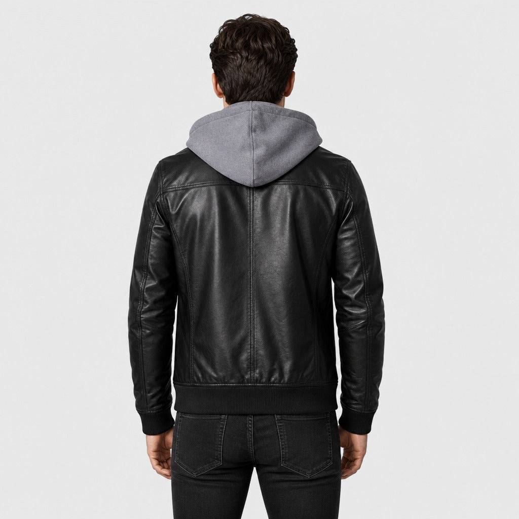 Men’s Leather and Suede Jacket with Detachable Hood back
