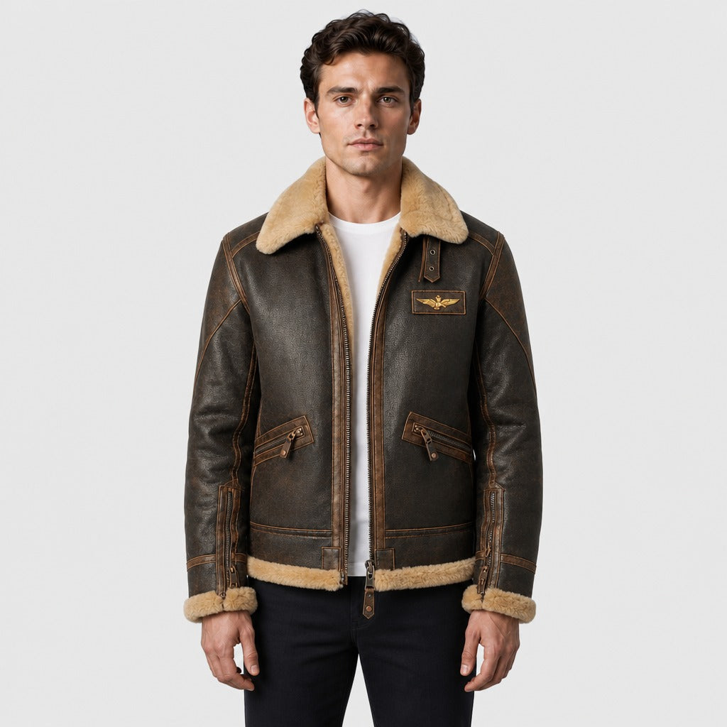 Men’s Leather Look Aviator Jacket with Shearling Collar Brown front