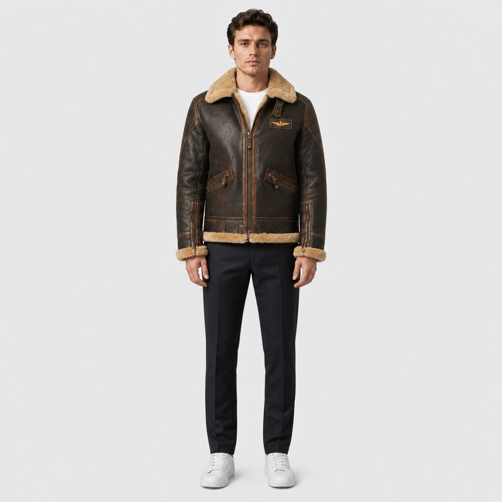 Men’s Leather Look Aviator Jacket with Shearling Collar Brown full length
