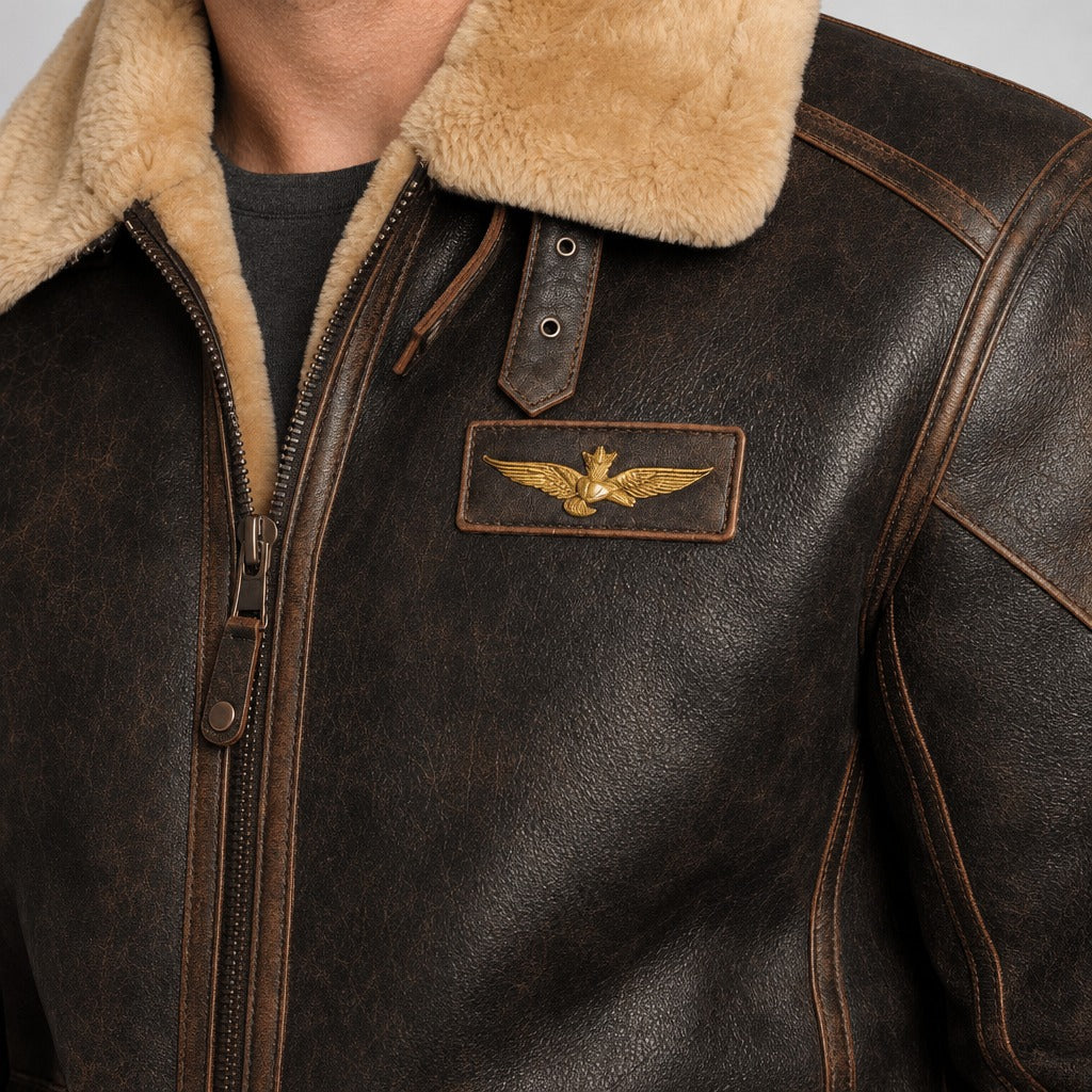 Men’s Leather Look Aviator Jacket with Shearling Collar detail