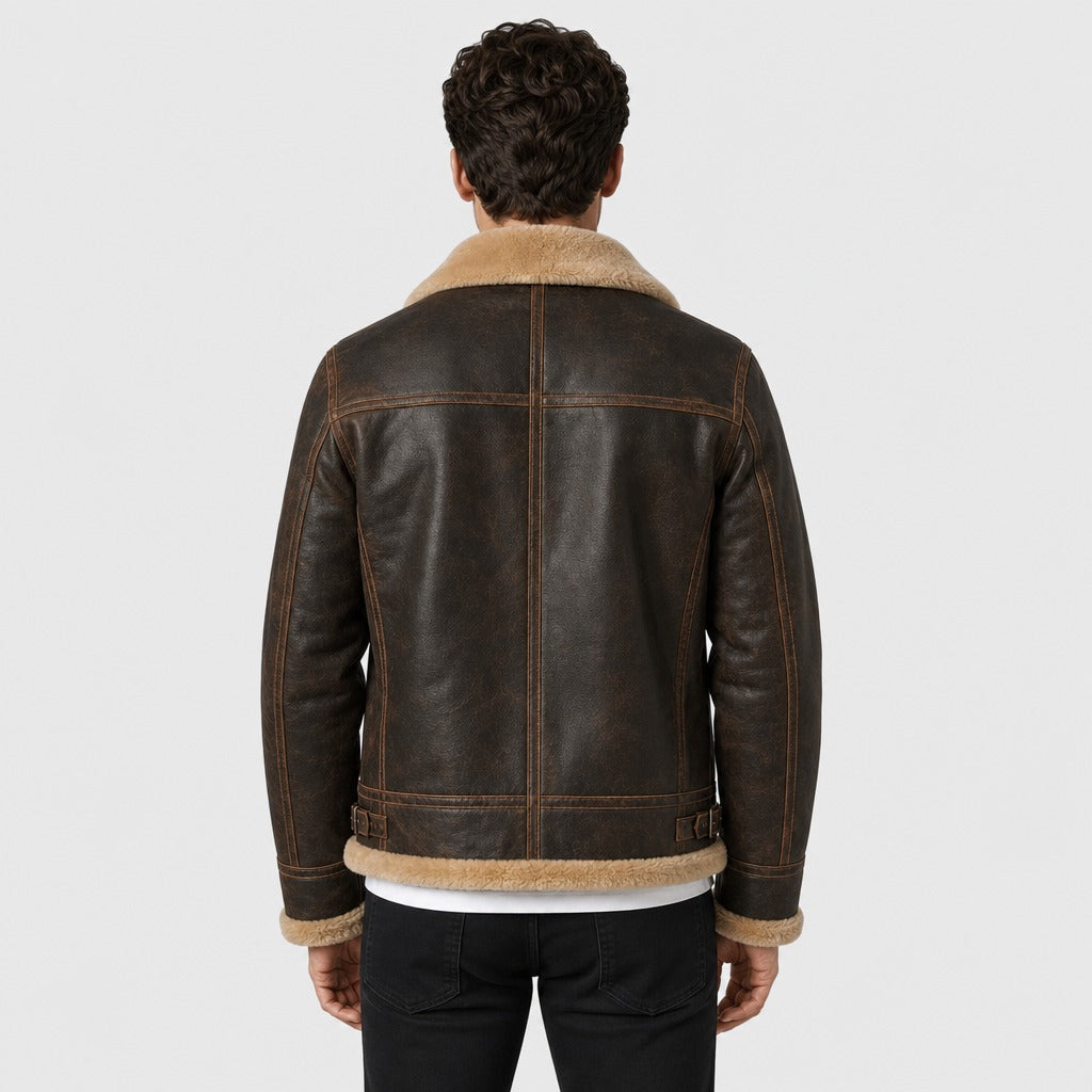 Men’s Leather Look Aviator Jacket with Shearling Collar Brown back