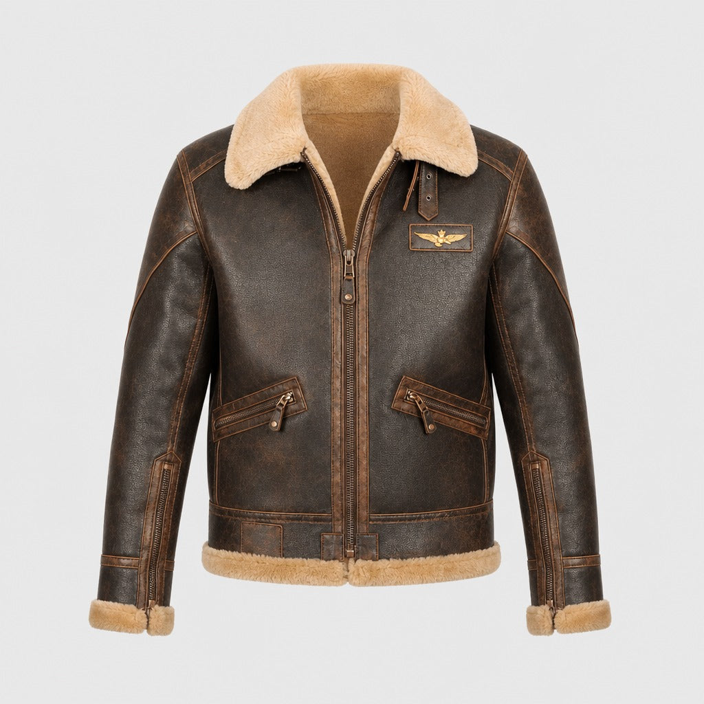Men’s Leather Look Aviator Jacket with Shearling Collar Brown product front
