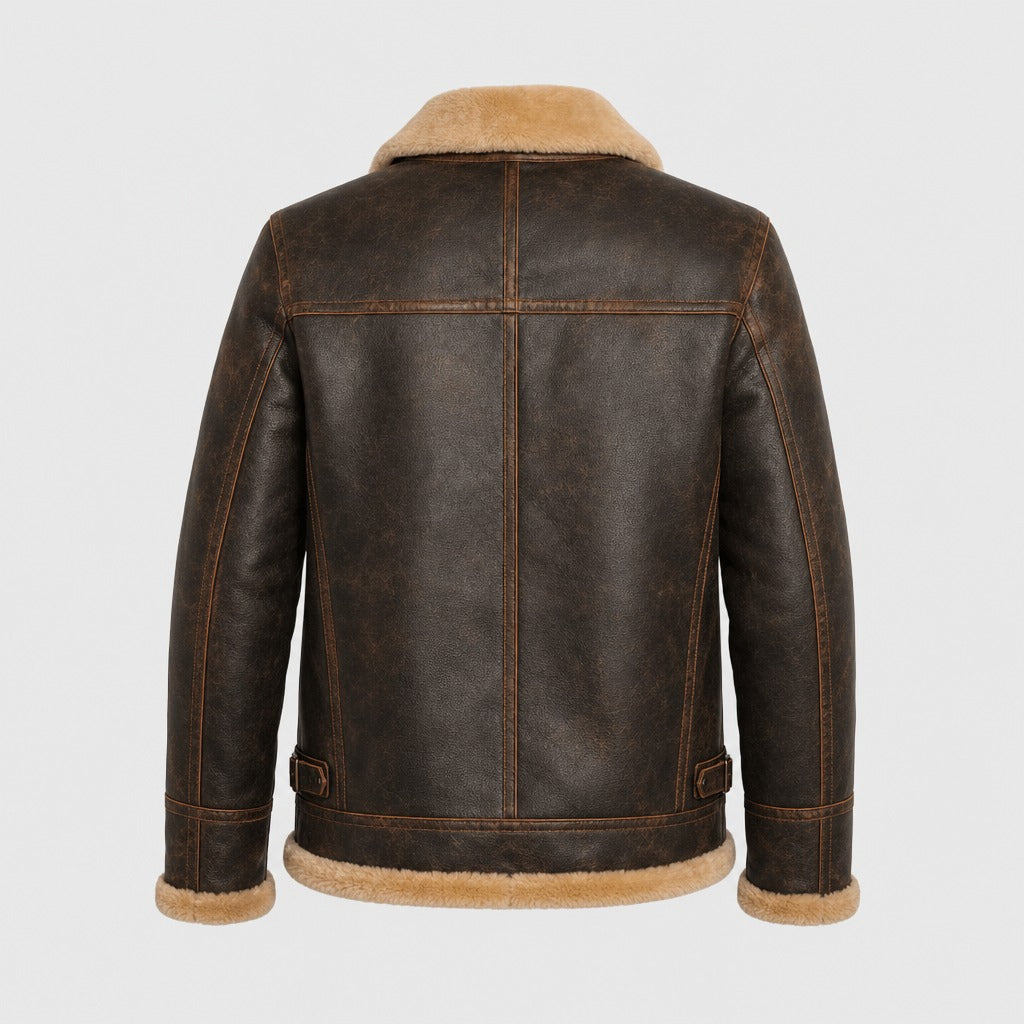 Men’s Leather Look Aviator Jacket with Shearling Collar Brown product back