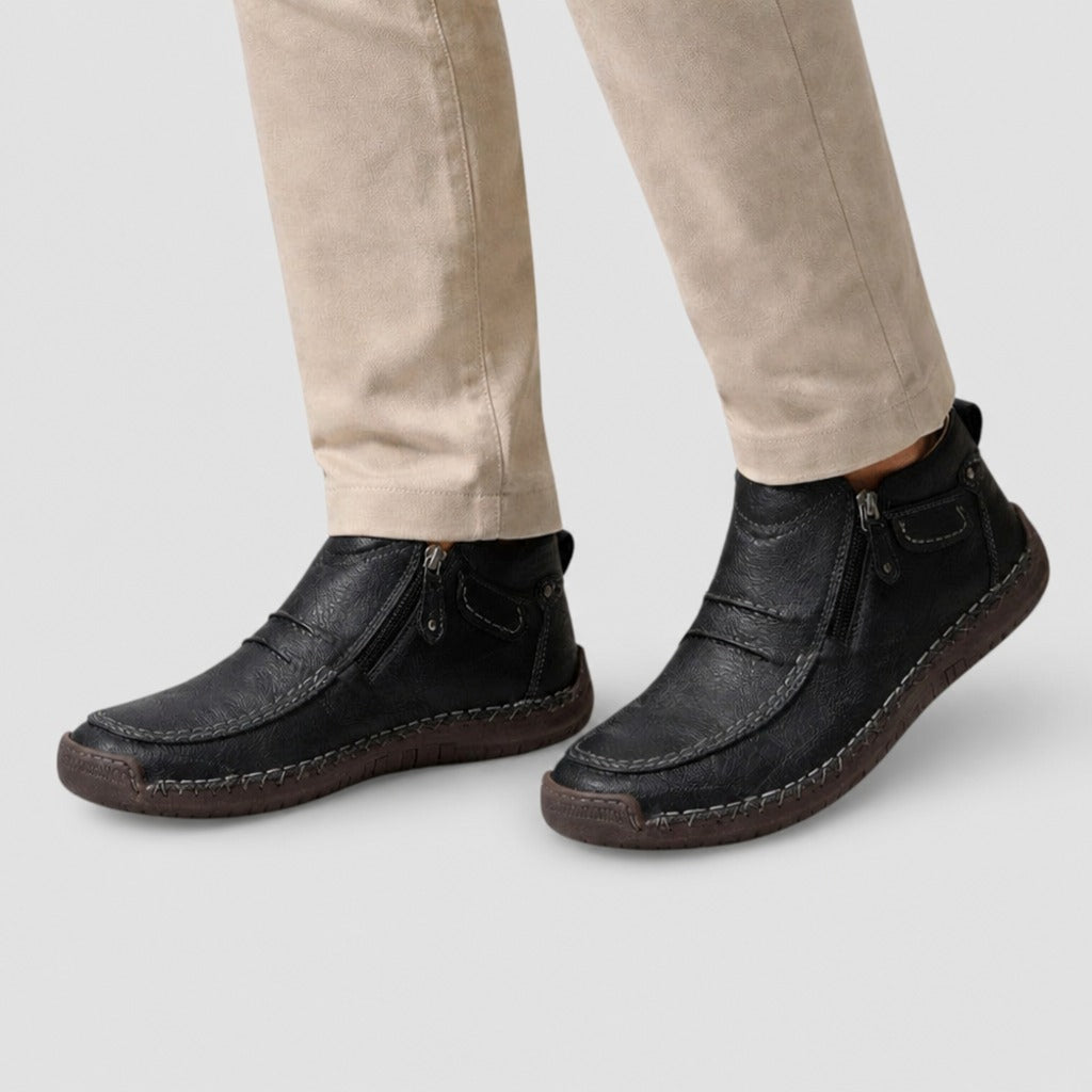 Men’s Leather Side-Zip Moccasin Shoes Black worn
