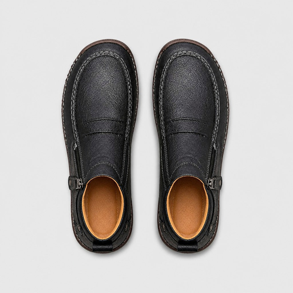 Men’s Leather Side-Zip Moccasin Shoes Black top view