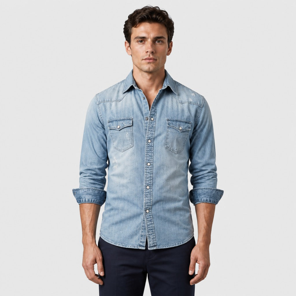 Men’s Lightweight Cotton Blend Button Shirt Light Blue front