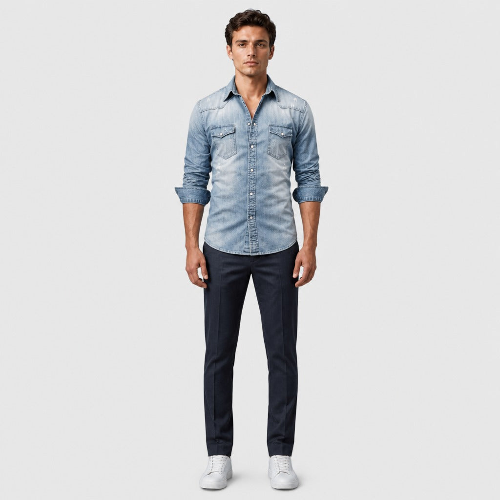 Men’s Lightweight Cotton Blend Button Shirt Light Blue full length
