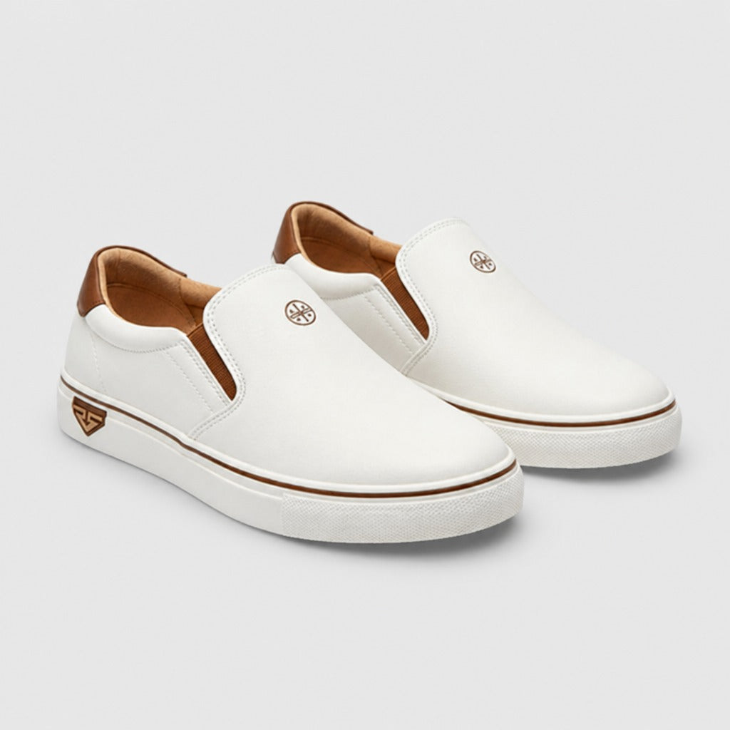 Men’s Lightweight Leather Slip-On Boat Shoes White pair