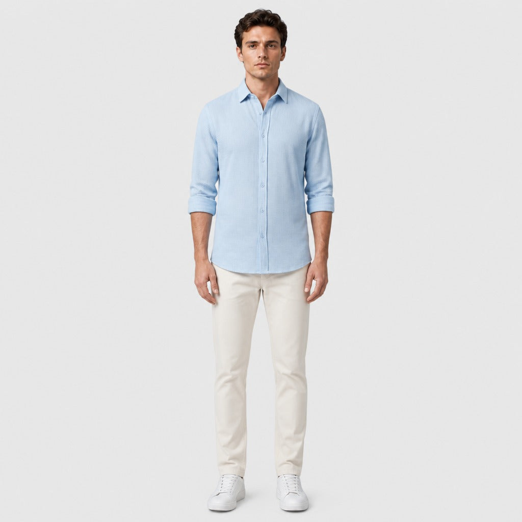 Men’s Lightweight Linen Shirt with Turn-Down Collar Blue full length
