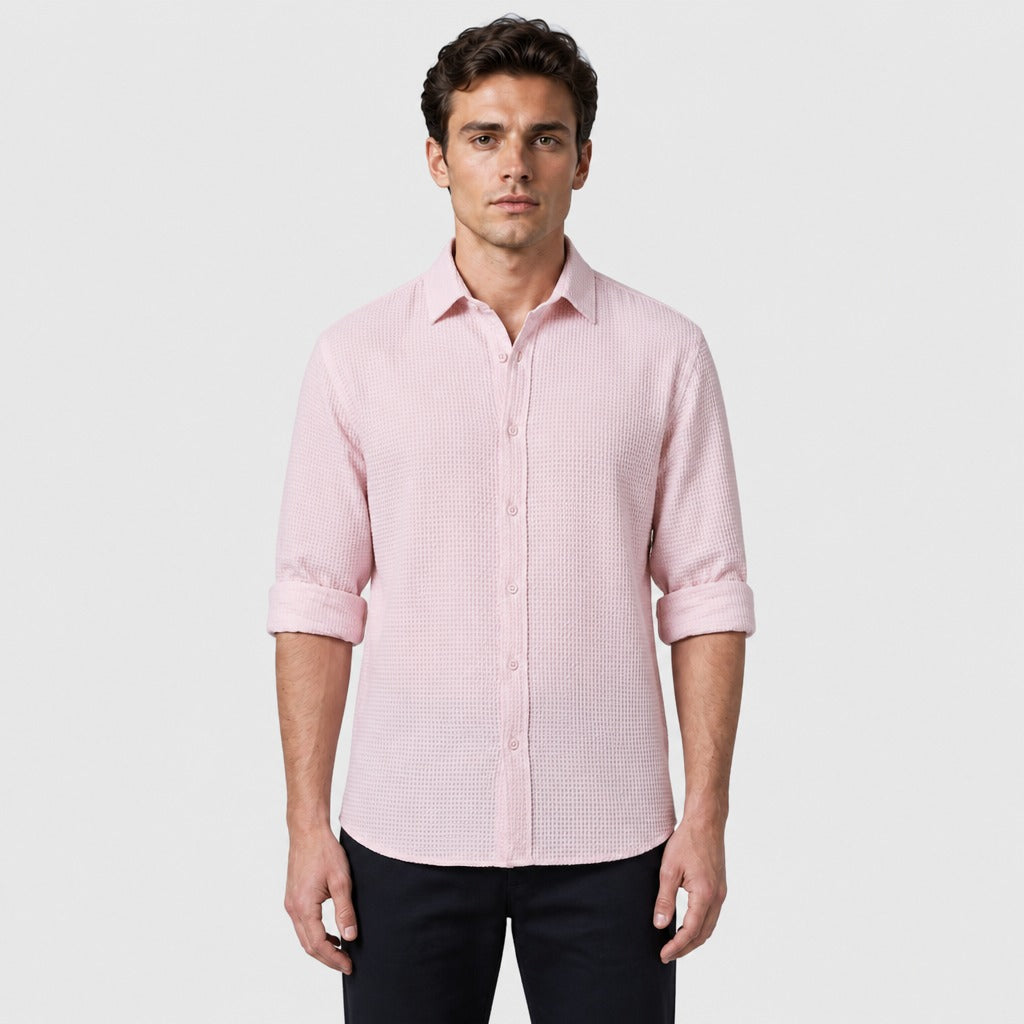 Men’s Lightweight Linen Shirt with Turn-Down Collar Pink