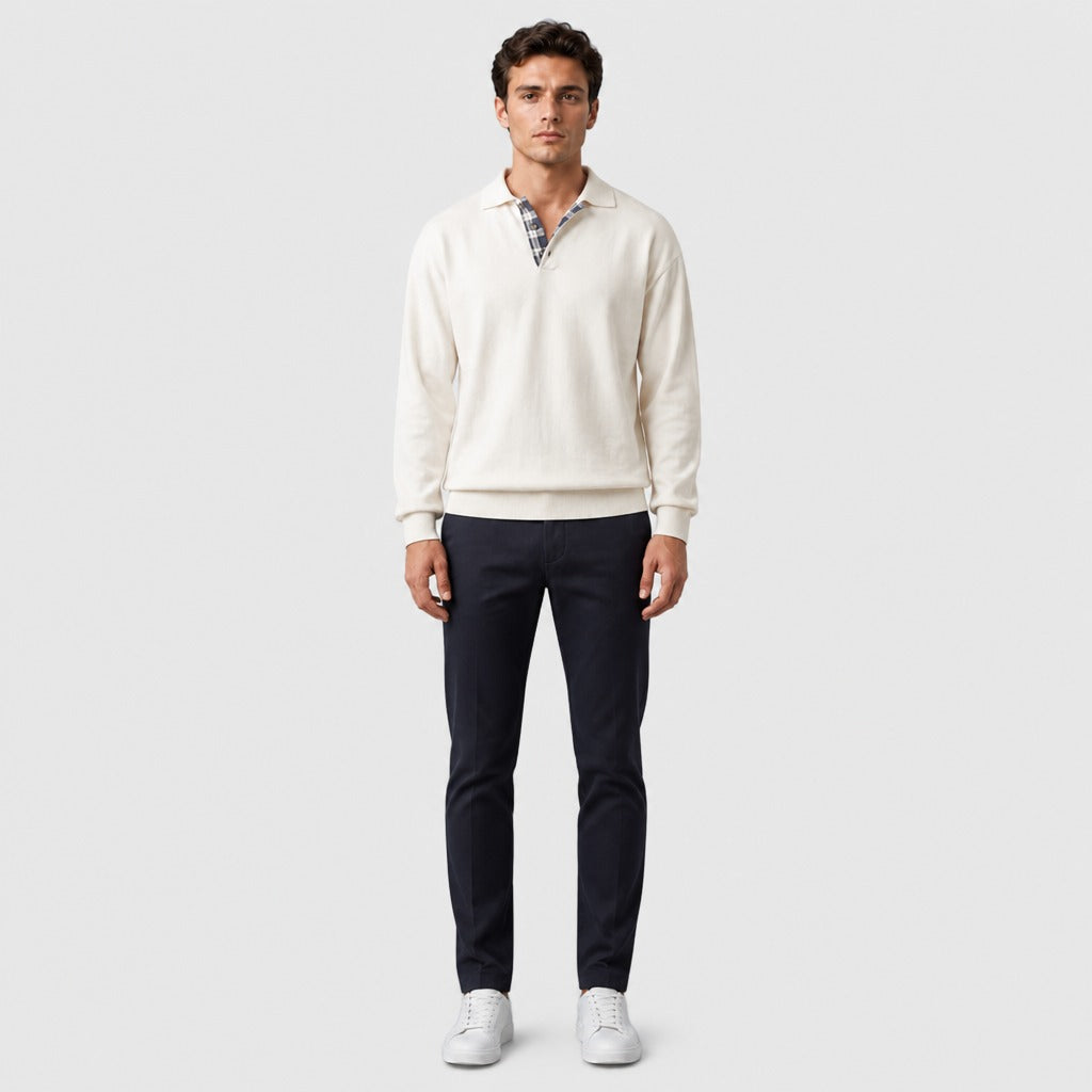 Men’s Long Sleeve Button Collar T-Shirt White full length