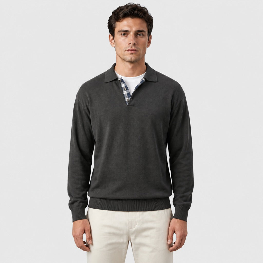 Men’s Long Sleeve Button Collar T-Shirt Black