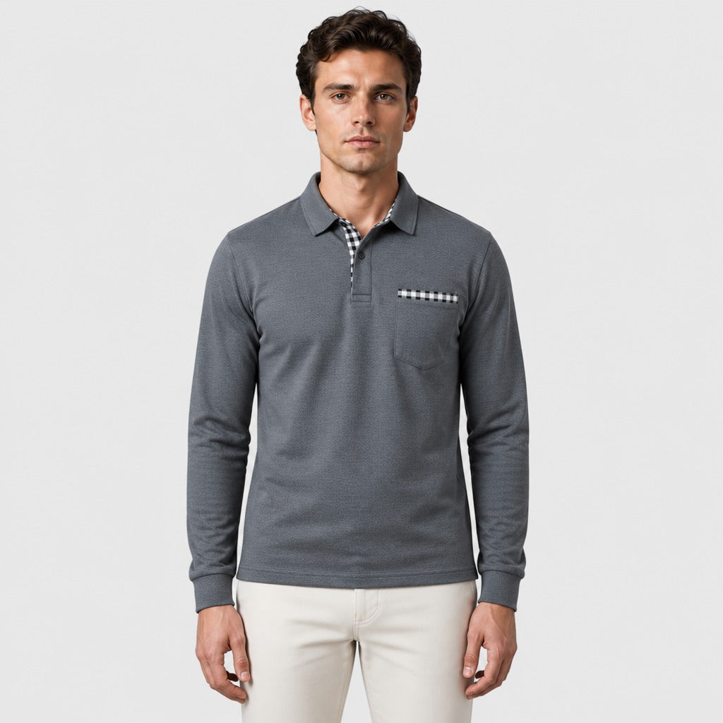 Men’s Long Sleeve Cotton Blend Polo Shirt Grey front