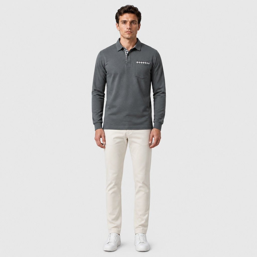 Men’s Long Sleeve Cotton Blend Polo Shirt Grey full length