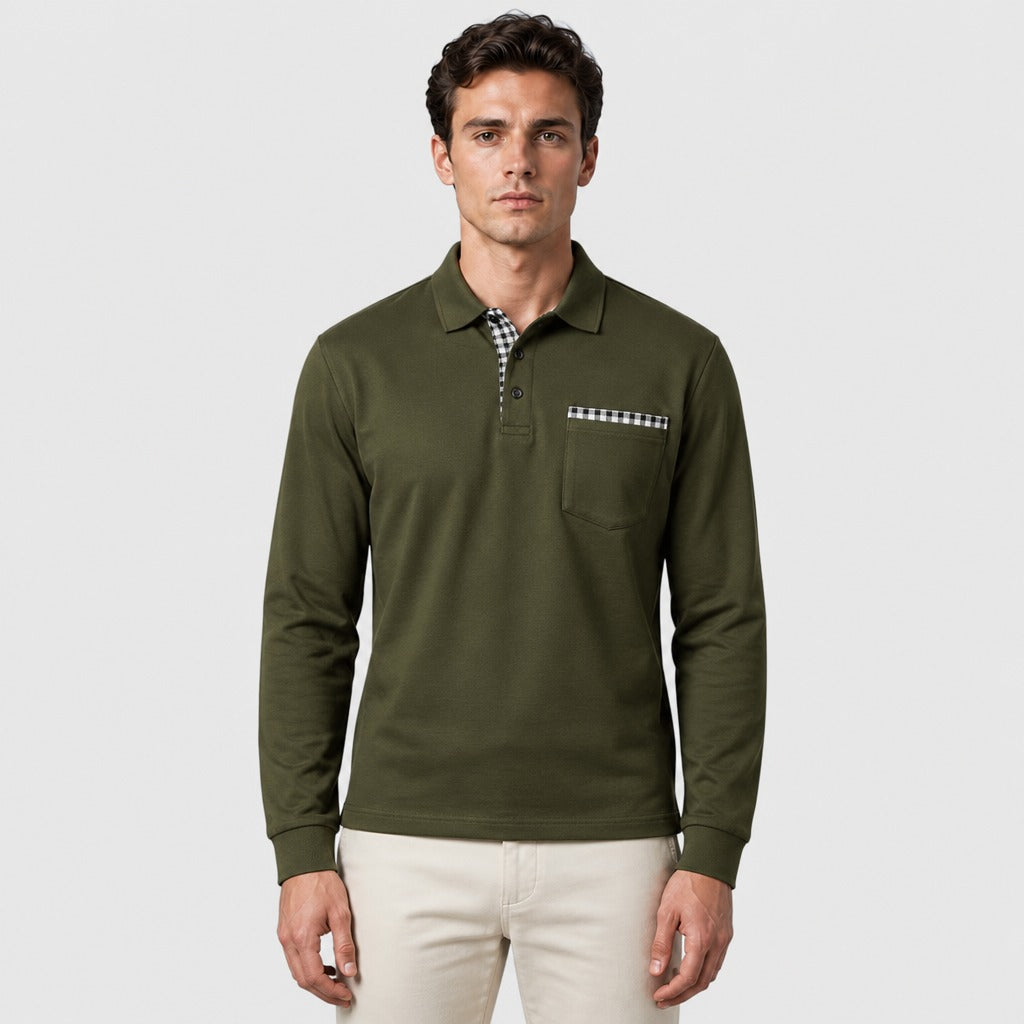 Men’s Long Sleeve Cotton Blend Polo Shirt Olive Green