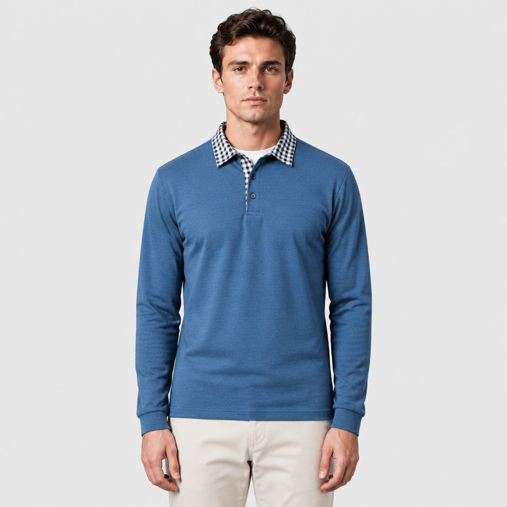 Men’s Long Sleeve Cotton Blend Polo Shirt Blue