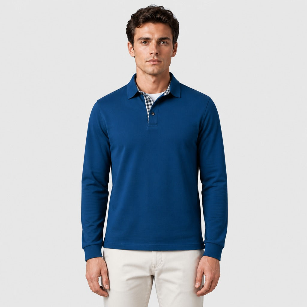 Men’s Long Sleeve Cotton Blend Polo Shirt Dark Blue