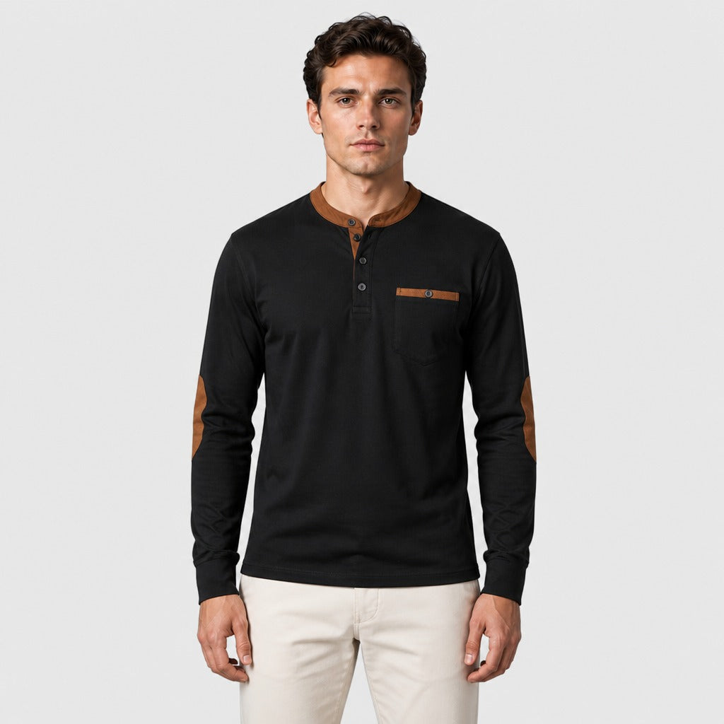 Men’s Long Sleeve Henley Top with Elbow Patches Brown front