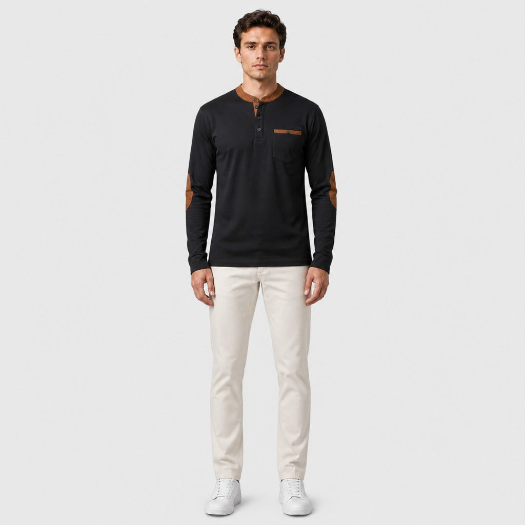 Men’s Long Sleeve Henley Top with Elbow Patches Brown full length