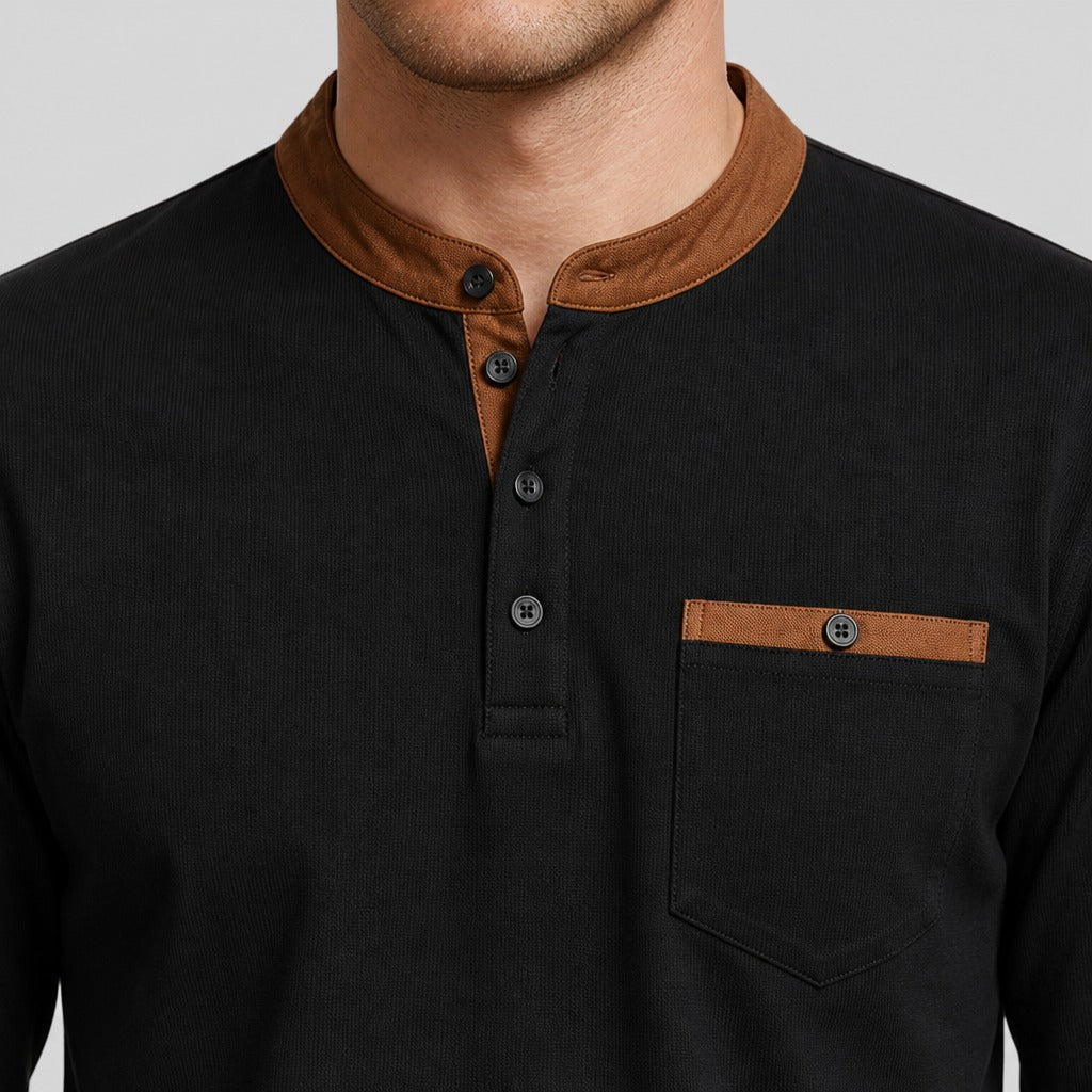 Men’s Long Sleeve Henley Top with Elbow Patches detail