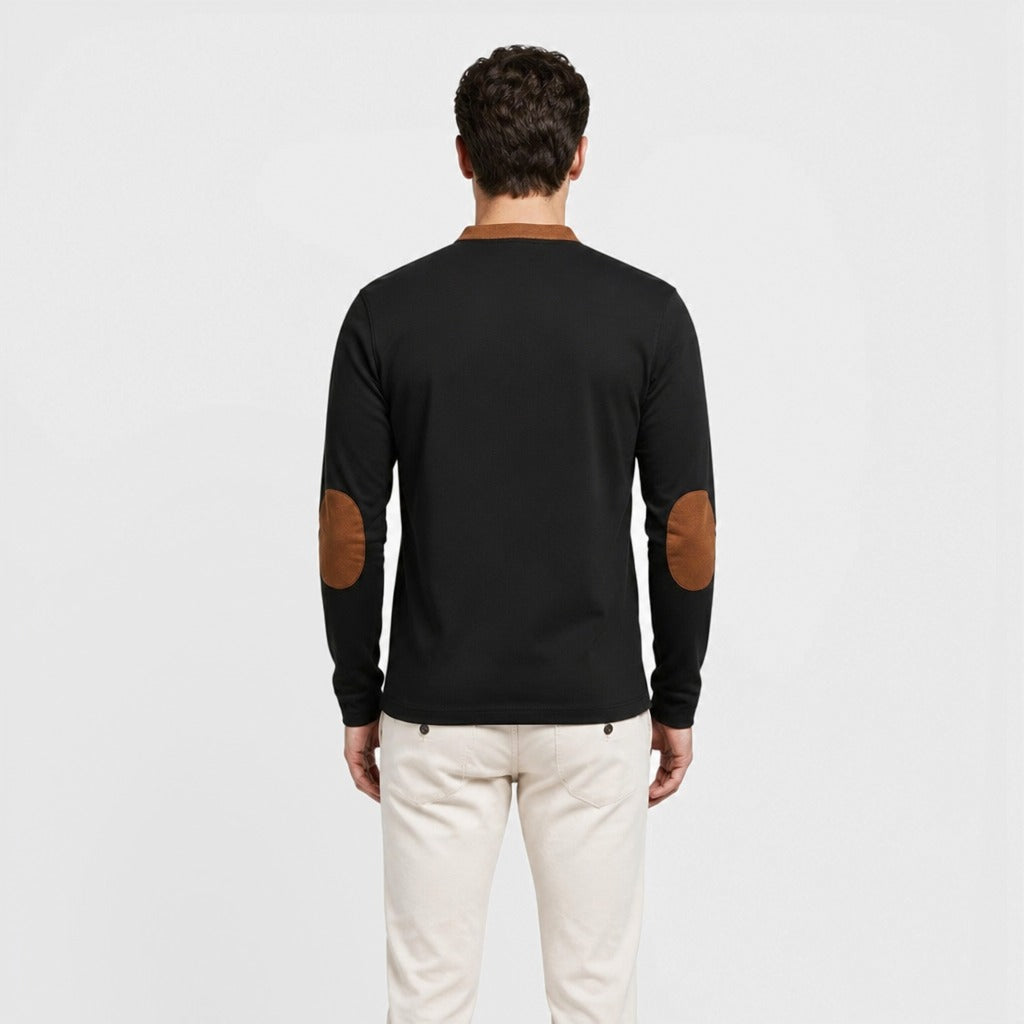 Men’s Long Sleeve Henley Top with Elbow Patches Brown back