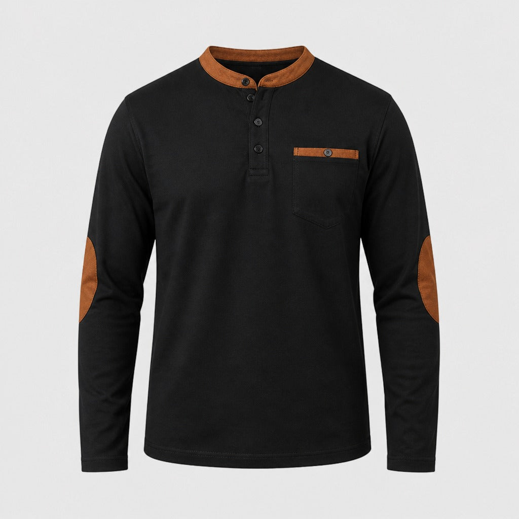 Men’s Long Sleeve Henley Top with Elbow Patches Brown product front