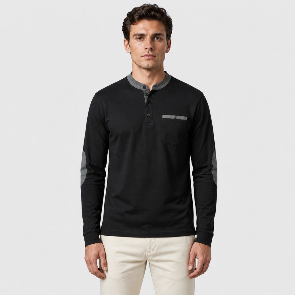 Men’s Long Sleeve Henley Top with Elbow Patches Grey