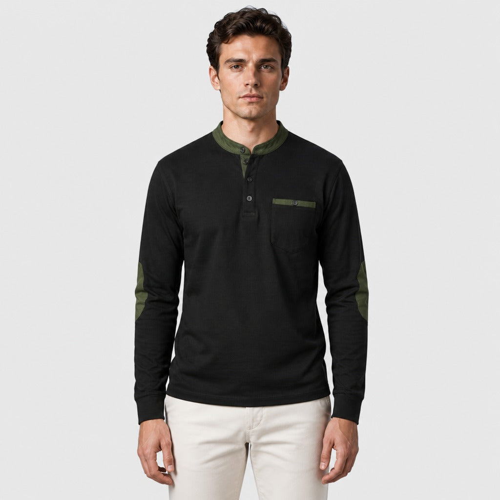 Men’s Long Sleeve Henley Top with Elbow Patches Green