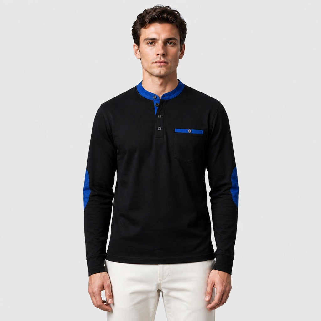 Men’s Long Sleeve Henley Top with Elbow Patches Blue
