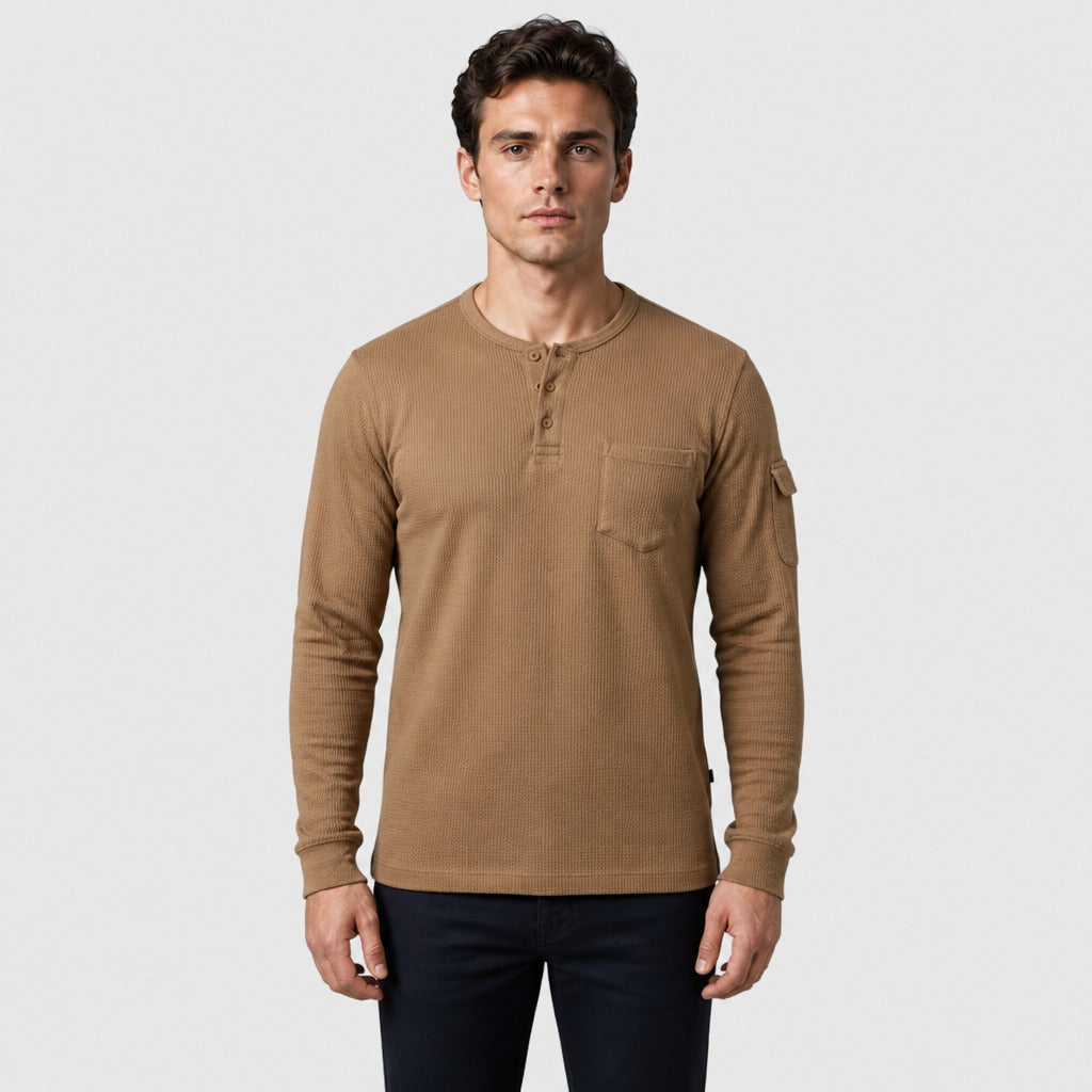 Men’s Long Sleeve Henley with Chest Pocket Beige front