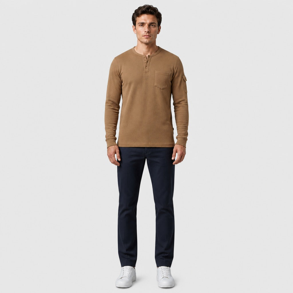 Men’s Long Sleeve Henley with Chest Pocket Beige full length