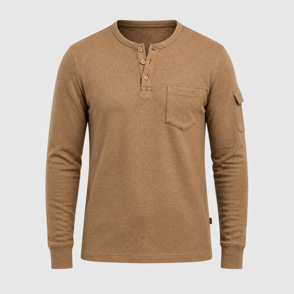 Men’s Long Sleeve Henley with Chest Pocket Beige product front