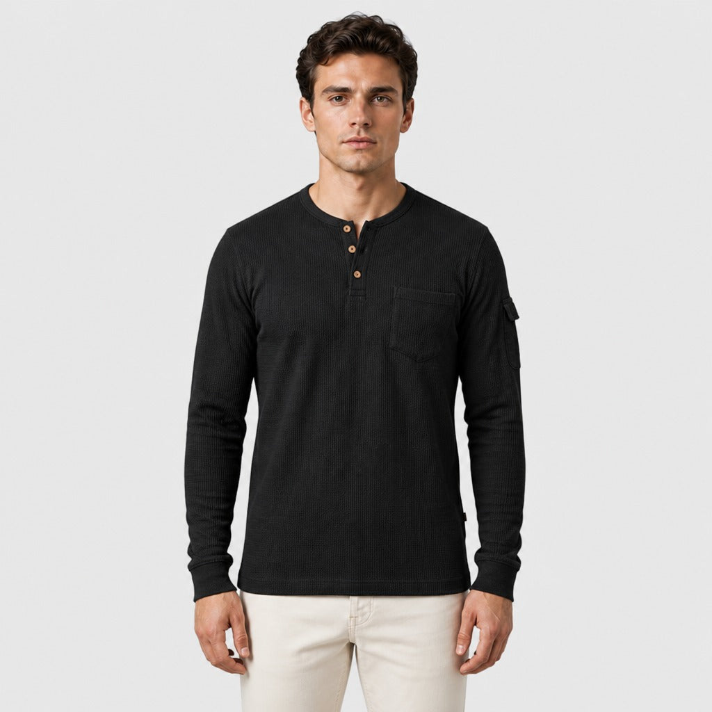 Men’s Long Sleeve Henley with Chest Pocket Black