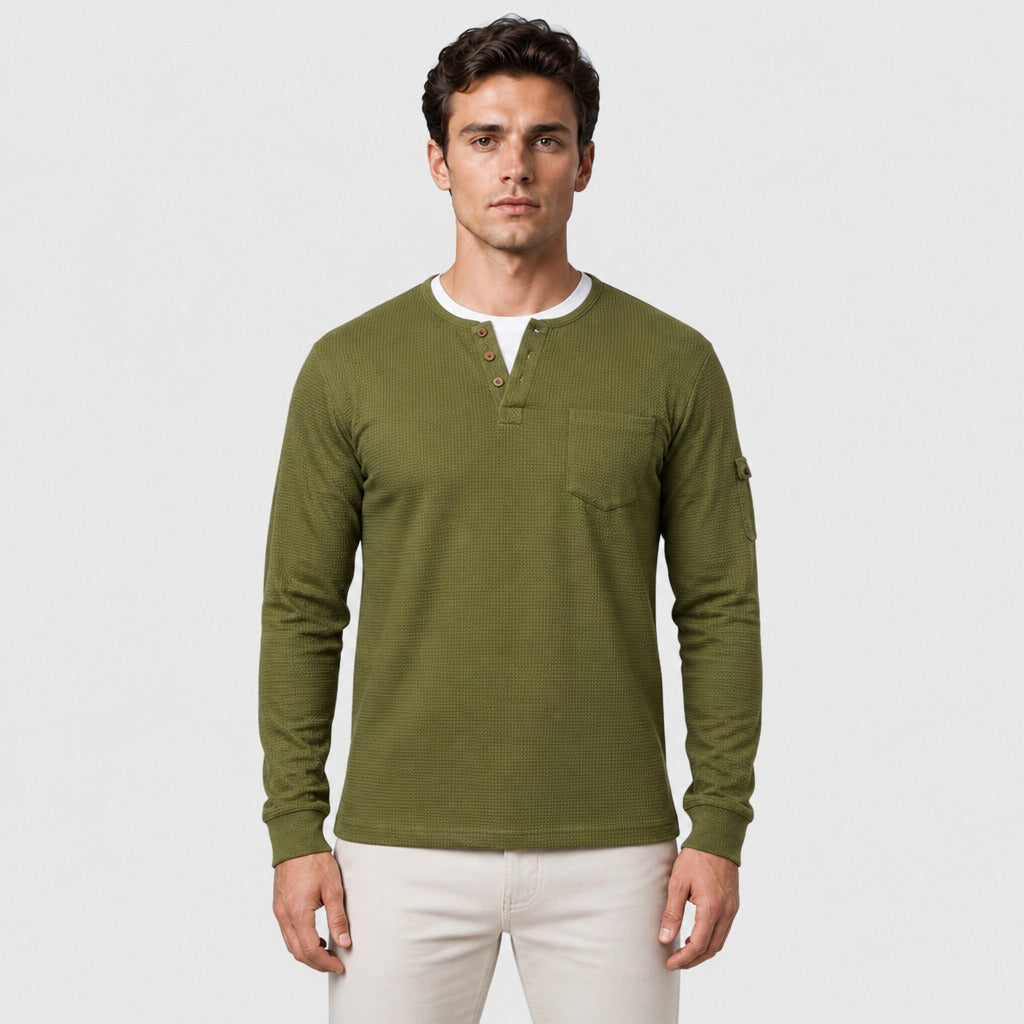 Men’s Long Sleeve Henley with Chest Pocket Green